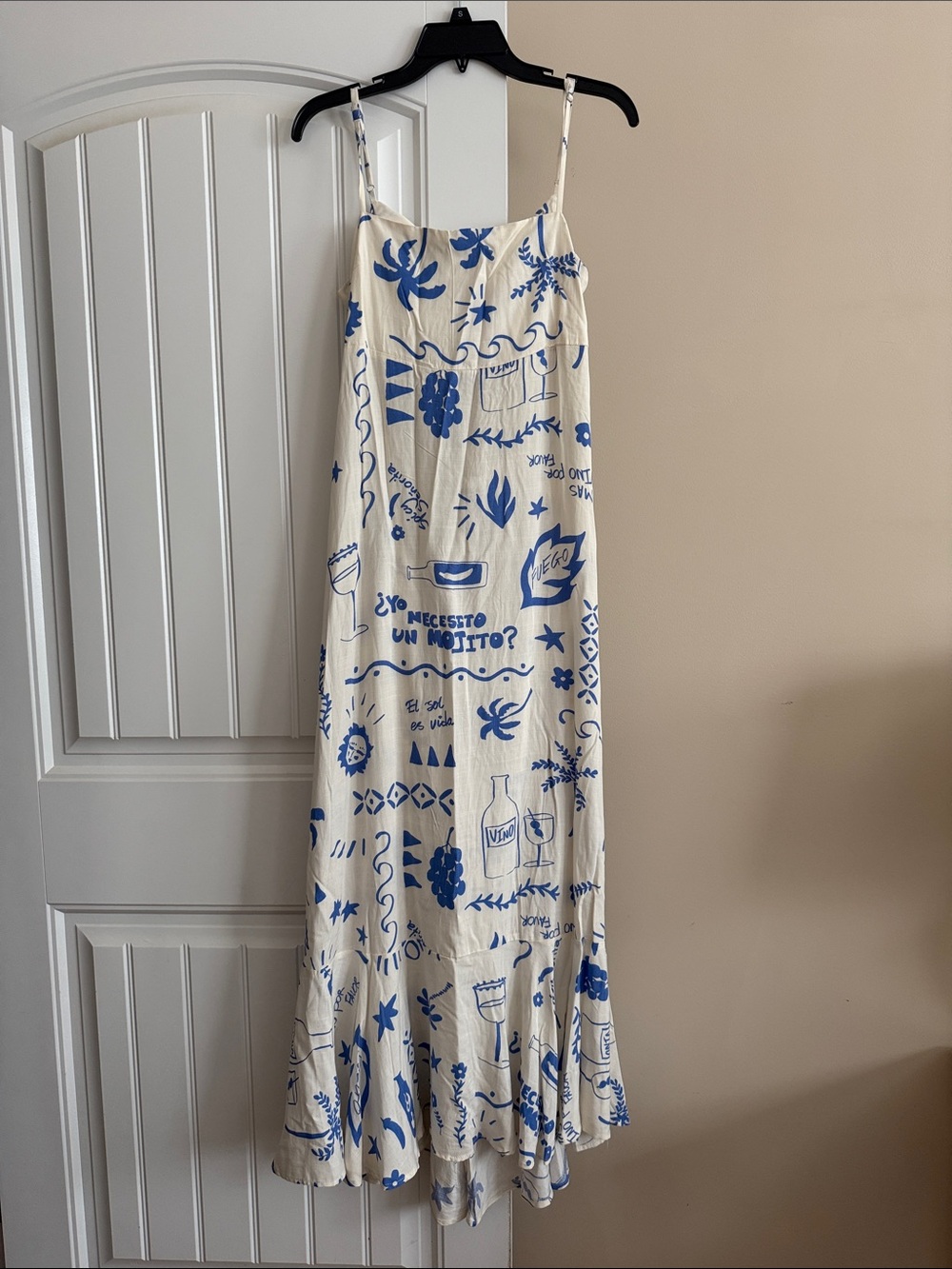 Anthropologie Cream Maxi Dress with Blue Graphic Print